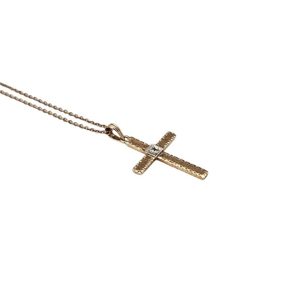 10K Yellow Gold, Diamond Chip Cross Pendant Vintage Chain Necklace 18.5" L, L542 - Picture 4 of 12